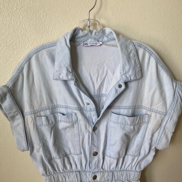 Zara Women’s Denim Jumpsuit Romper Light Denim Size Medium Button Down - Picture 7 of 10